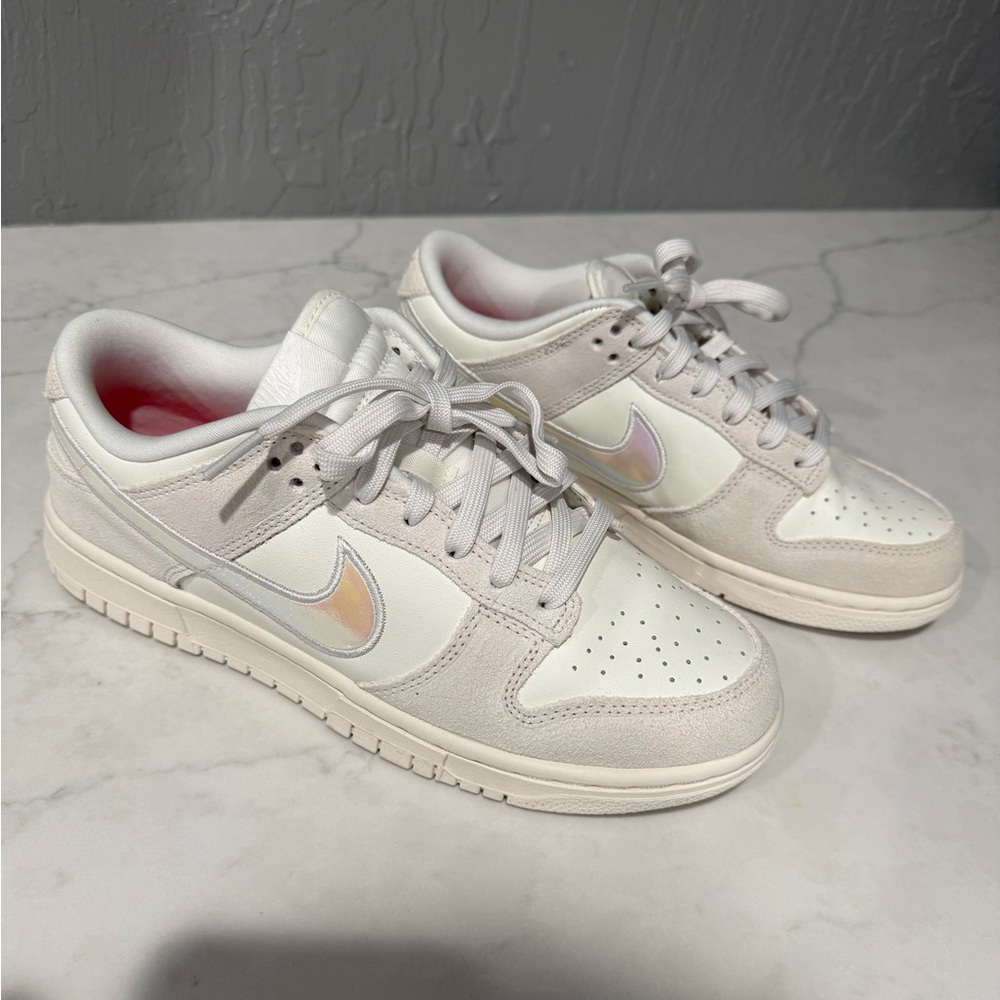 Nike dunk Low, White and Cream Sneakers with Iridescent Logo